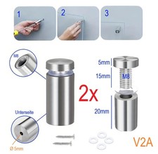 Edelstahl 2x Wand Bild Aufhängen Abstandhalter 20mm M8 Hülse mit Schrauben