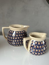 Bunzlauer Keramik Milchkrüge, Krug klein h 11 cm, d 9,5 cm. Farbe Blau-Sand.