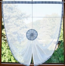 weiße Scheibengardine Muschel gerafft blauer Kante verschiedene Abmessungen `K`