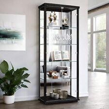 K-Möbel Glasvitrine mit Spiegel, Schloss und LED in Schwarz (176x67x33 cm)