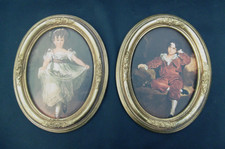 2 x ovale alte Bilder Handblattvergoldet Junge & Mädchen Handarbeitet Bild Gold