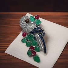 Multi Edelstein Papagei Brosche Sterling Silber geschnitzt Tutti Frutti Handa...