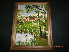 schönes Wandbild, Stickbild "Häuser vor See und Bäumen" "36 x 46,5 cm"