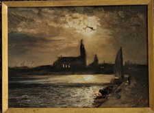 Original Ölgemälde Repro Mondschein Barth Hafen nach Louis Douzette  Romantik  