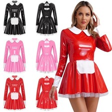 DE Damen Wetlook Dienstmädchen Cosplay Kostüm Lackleder kleid Clubwear Party