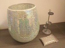 Windlicht groß azurblau von "PartyLite" mit Teelichthalter und Glasperlen