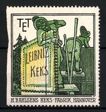 Reklamemarke Leibniz-Keks, H. Bahlsens Keks-Fabrik Hannover, zwerge mit großem  