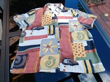 80er True Vintage Hemdbluse Bluse Hemd Graffity Viscose grün gelb grau 2XL 46