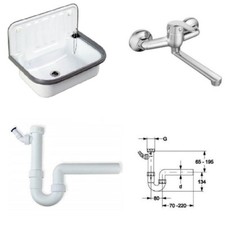 Ausgußbecken Stahlausgußbecken weiß mit Sifon und Wandarmatur