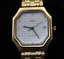 Vintage Herren Armbanduhr Ruhla Quartz DDR Achteckig Karriert mit Datumsanzeige