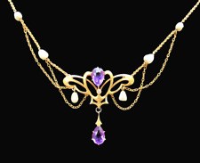 Art Nouveau Krementz & Co.USA Gelbgold 14K Amethysten & Perlen Jugendstilcollier