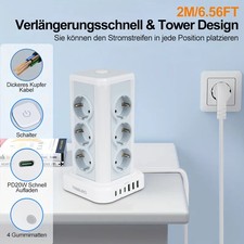 2M Mehrfachsteckdose Steckdosenleiste 12 Fach mit 3 USB-A 3 USB-C Steckdosenturm