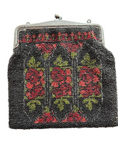 Alte Handtasche Jugendstil voll mit Perlen bestickt, Metallbügel Taftfutter