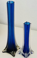 2 Blau Solifleur Glas-Vase Orchideen-Vase H20cm -30cm Vintage 70er