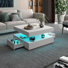 Couchtisch wohnzimmertisch mit 2 Schubladen, LED Wohnzimmertisch Holz