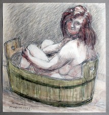 Richard Pietzsch 1872-1960 Mädchen Akt im Badezuber, orig. Aquarell 1923