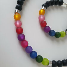  Polariskette & Armband Schmuckset Regenbogen schwarz Silber Polarisperlen 10mm 