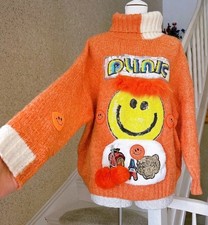 Rollkragenpullover Orange Smiley Bommel Pailetten Gr. 44