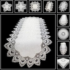 TISCHLÄUFER DECKCHEN TISCHDECKE KISSENHÜLLE SPITZE ALTWEIß  ZEITLOS PFLEGELEICHT