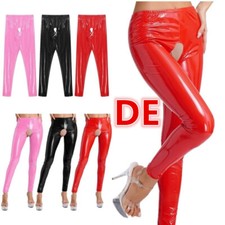 DE Damen Kunstleder High Waist Tights PU Leder Hose Strumpfhosen Stretchhose