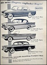 Sunbeam Alpine, Rapier, Hillman-Minx, Humber Snipe,  originale Werbung 1959  IAA