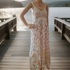 Maxi Kleid unterlegt Ibiza Stickerei Pailletten BEIGE Gr.36 ungetragen o.Etikett
