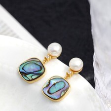 N06 Ohrringe Quadrat mit Abalone Muschel Süßwasser-Perle vergoldet Silber 925