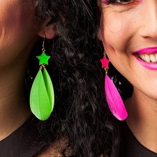 Knallige 80er Jahre Ohrhänger Feder Ohrringe Neon Ohrschmuck Disco Queen Kostüm