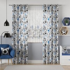 Gardinen Set Fertiggardinen Fertigvorhänge Kindergardine Voile Fußball Blau M&R
