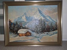 K. Behnke Ölbild 1959 Alpenlandschaft Winter Berge Chalet 60x80 signiert