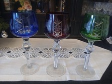 3 DDR Weinrömer Lausitzer Glas in weinrot blau und grün 21 x 8 cm Weinrebendekor