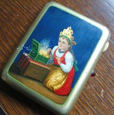 Russland Zigaretten-Etui Tabatiere Märchenmotiv Lack-Malerei Silber Emaille
