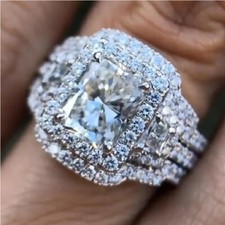 3Kt Radiant Halo Diamant Hochzeit Ring Trio Set Verlobungsring Weißgold-Finish