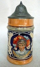 ALT Humpen Bierkrug Frau Porträt Engel Prosit u 1900 Sammelkrüge Zinn 1/4 L Krug