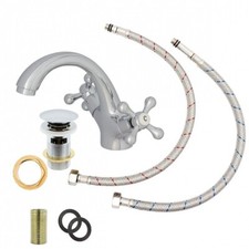 Retro Bad Armatur Waschbecken Waschtisch Mischbatterie mit Kreuzgriffen in Chrom