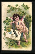 Kleiner Engel trägt Hufeisen und Glücksschwein, Ansichtskarte 1907 