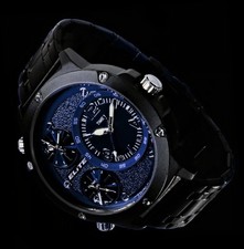 XXL Elite Große Herren Armband Uhr Schwarz Blau 3 Uhrzeiten Tritimer