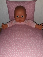 Puppenbettwäsche Streublümchen weiß-rosa, 2 Teile f Wiege o Puppenwagen 