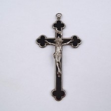 Antikes Brustkreuz Holz und Metall L 16 cm Christus am Kreuz Kruzifix silbern