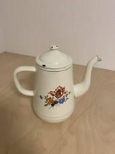 Emaille Teekanne Kaffeekanne Antik Weiß Beige Vintage