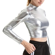 DE Damen Metallic T-Shirt Langarm Kurzes Top Glänzend Langarmshirt Oberteile 
