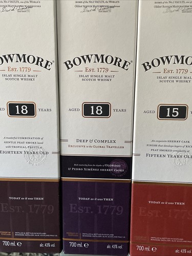 Triplepack bowmore 15y 18y - bowmore,