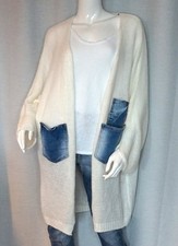 Oversized Grobstrick Jacke Vintage Denim Tasche Strickjacke Weiß 36,38,40,42 Neu