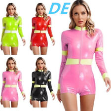 DE Damen Feuerwehrmann Kostüm Langarm Lackleder Bodysuit Overalls Catsuit  