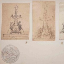 Architektur Brunnen Entwurf Studienblatt unsigniert Bleistift zeichnung 19 Jhd