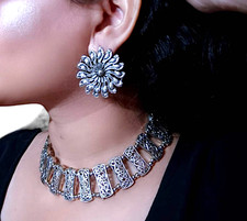 Indianerschmuck Silber oxidiert Halsband Halskette Ohrringe Bollywood...