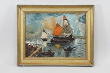 C25P46- Gemälde Segelboote im Hafen monogrammiert SCHP