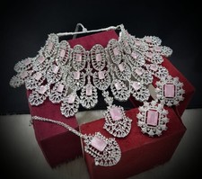 Indisches Bollywood versilbert ethnisch AD CZ Schmuck Ohrringe Halskette Brau...