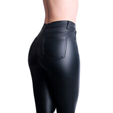 Damen Skinny Hose Lederoptik Glanz Wet Look High Waist Stretch Treggings 