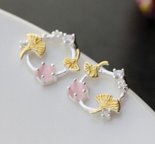 B06 Ohrring Kranz mit rosa Opal Gingko Blatt vergoldet Sterling Silber 925 